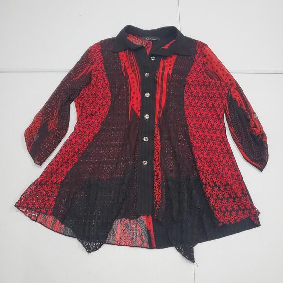 Caleoas Shirt Womens XL Red Black Lace Sheer Tunic Button Front 3/4 Sleeve Boho - Picture 1 of 8